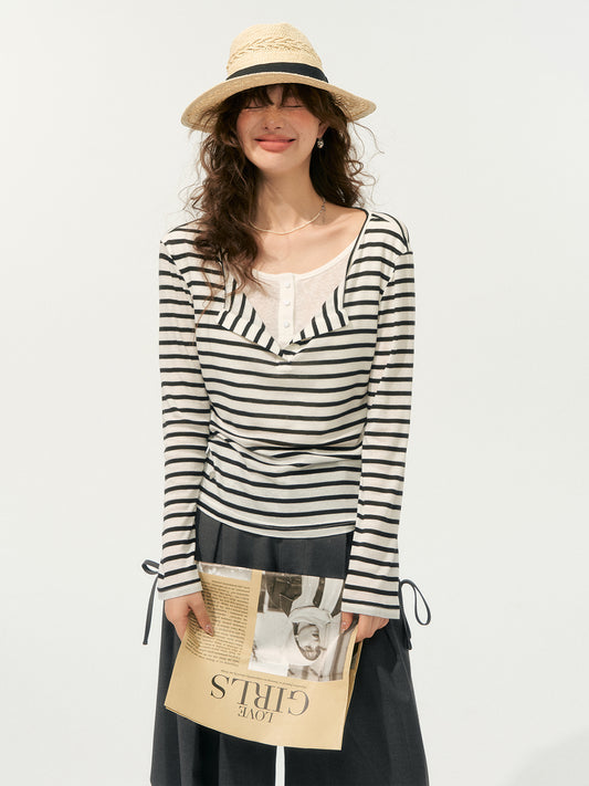 SOMESOWE Draped V-Neck Stripe Top
