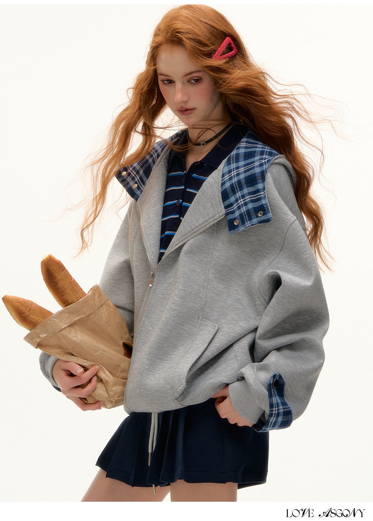 AsGony Plaid Panel Oversized Hooded Zip-Up