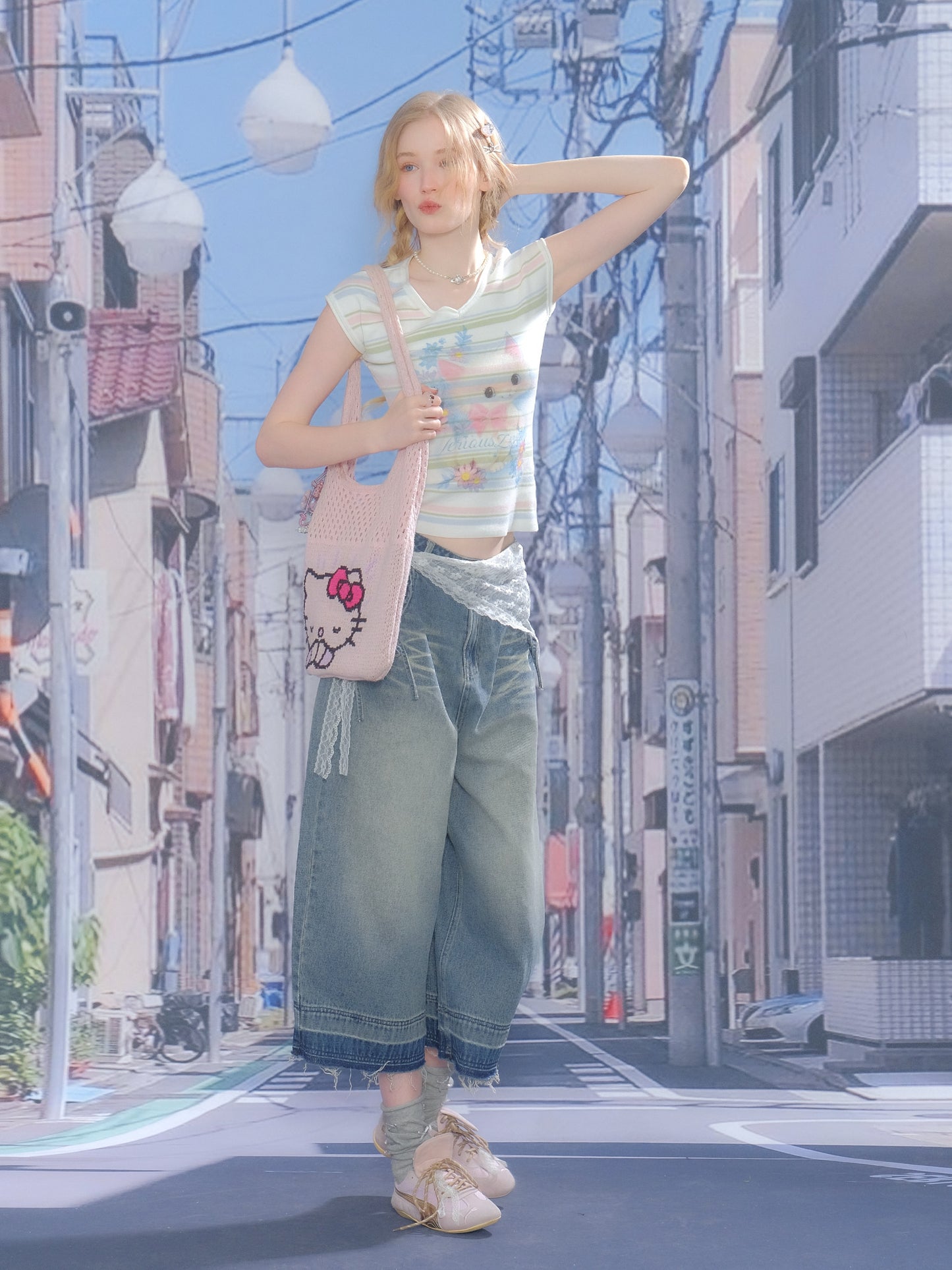 ziziFei Retro Cat Stripe Tee