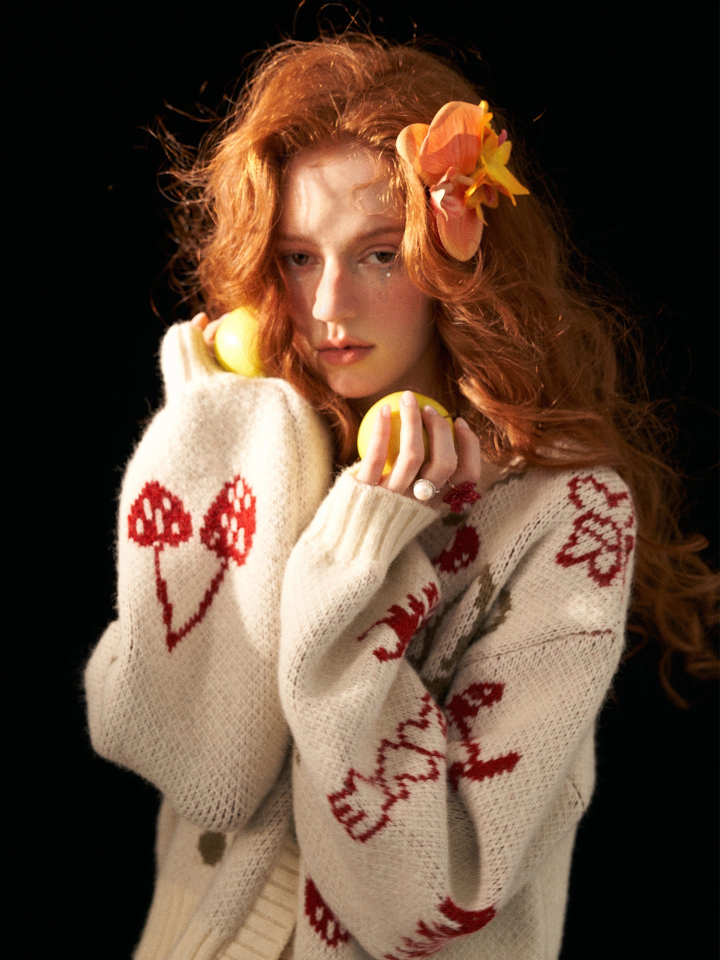 MAMC Apple Cherry Print Lazy Knit Sweater