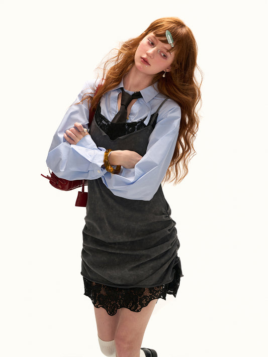 MAMC Gray Lace Panel Slip Dress