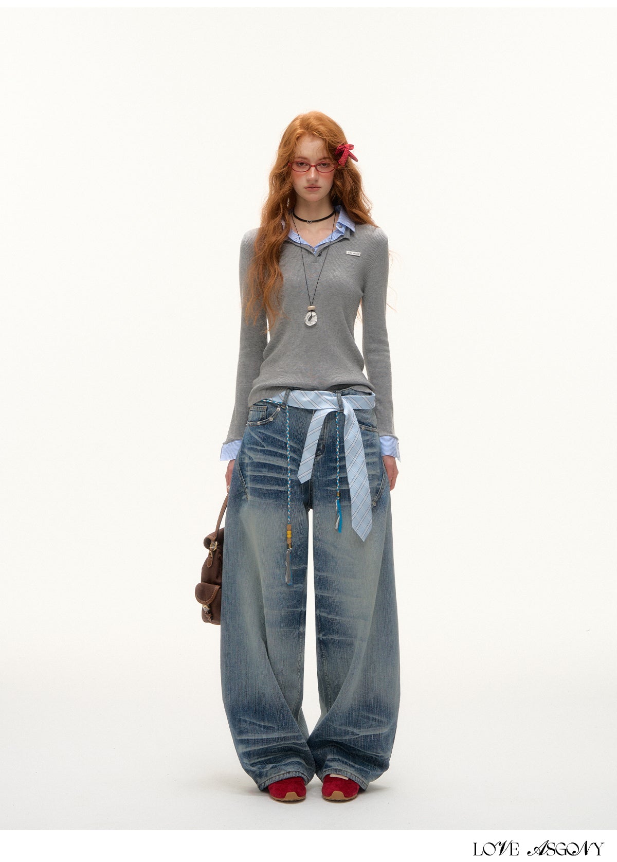 AsGony Tie-Dye Beaded Embellished Washed Jeans
