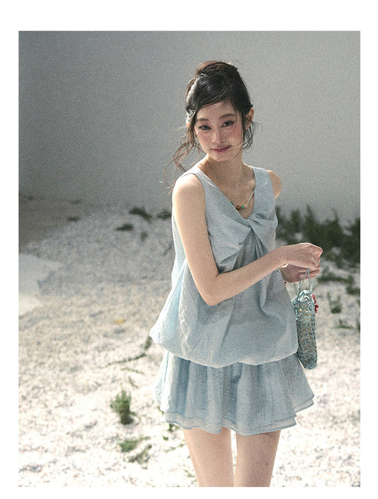 ShaoYeYan Aomalm Grass Blades Curl Softly French V-Neck Twist Dress