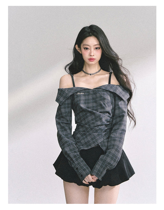 SHAOYEYAN London Story Off-Shoulder Plaid Shirt