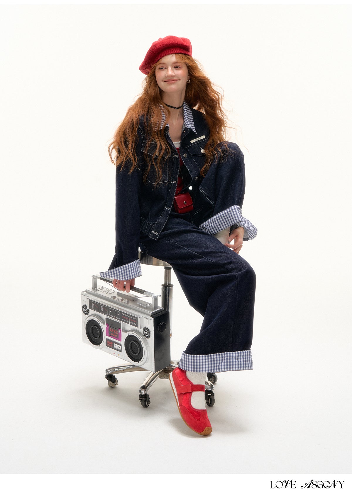 AsGony American Retro Hong Kong Style Plaid Denim Set