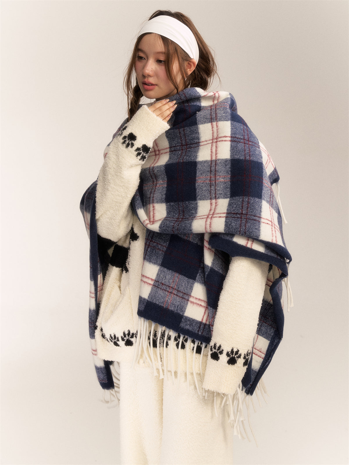 AsGony Wool Blend Plaid Fringe Scarf Wrap