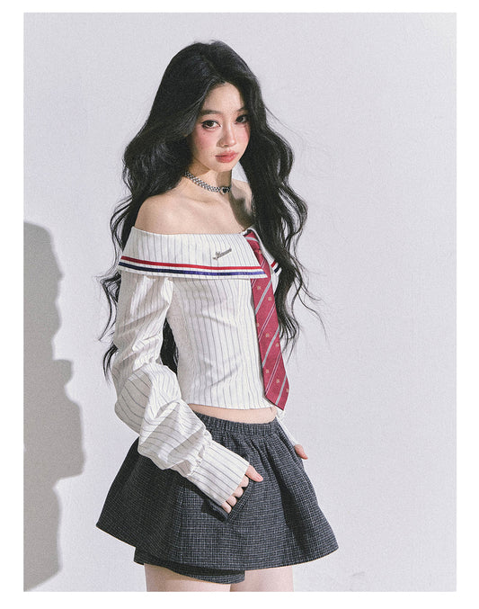 ShaoYeYan Seoul Art Student Off-Shoulder Striped Shirt