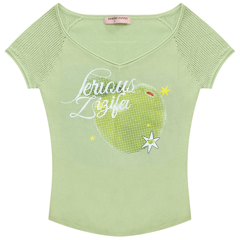 ziziFei Retro Apple Print V-Neck Tee