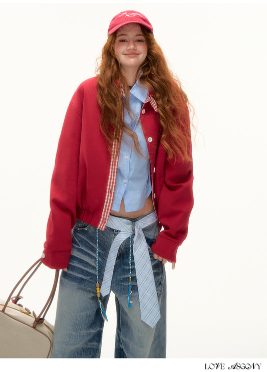 AsGony MIU Style Plaid Collar Sweatshirt Jacket