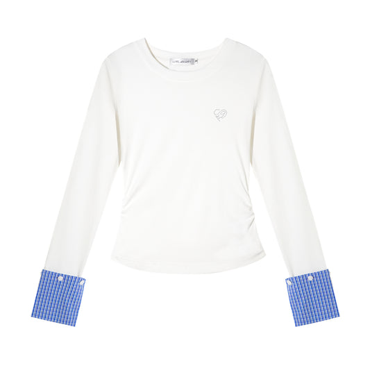 AsGony Detachable Cuff Plaid Long Sleeve T-Shirt