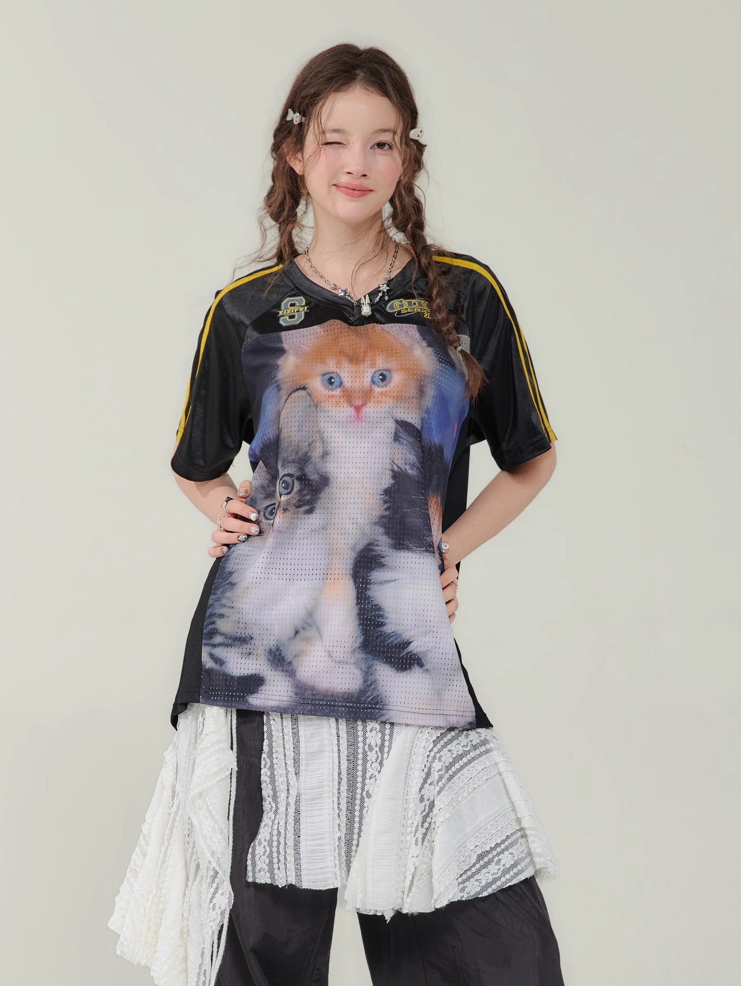 ZiziFei Vintage Cat Print T-Shirt