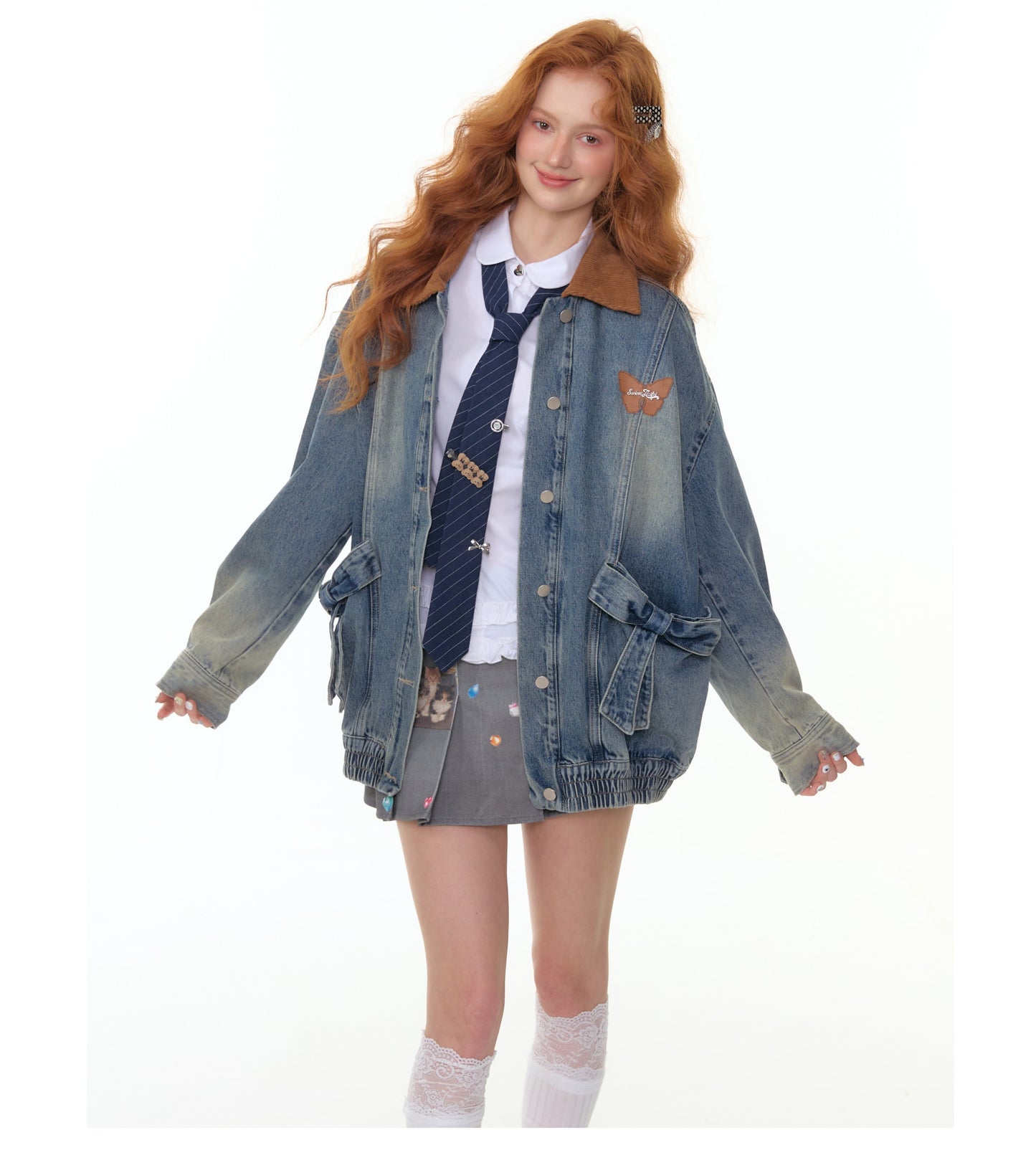 ZiziFei Corduroy-Collar Denim Jacket