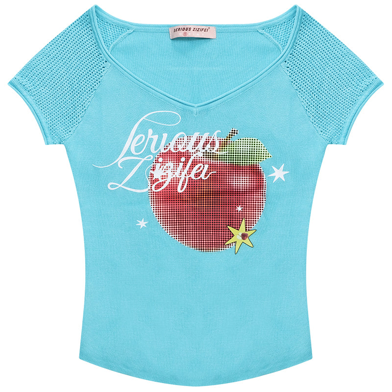 ziziFei Retro Apple Print V-Neck Tee