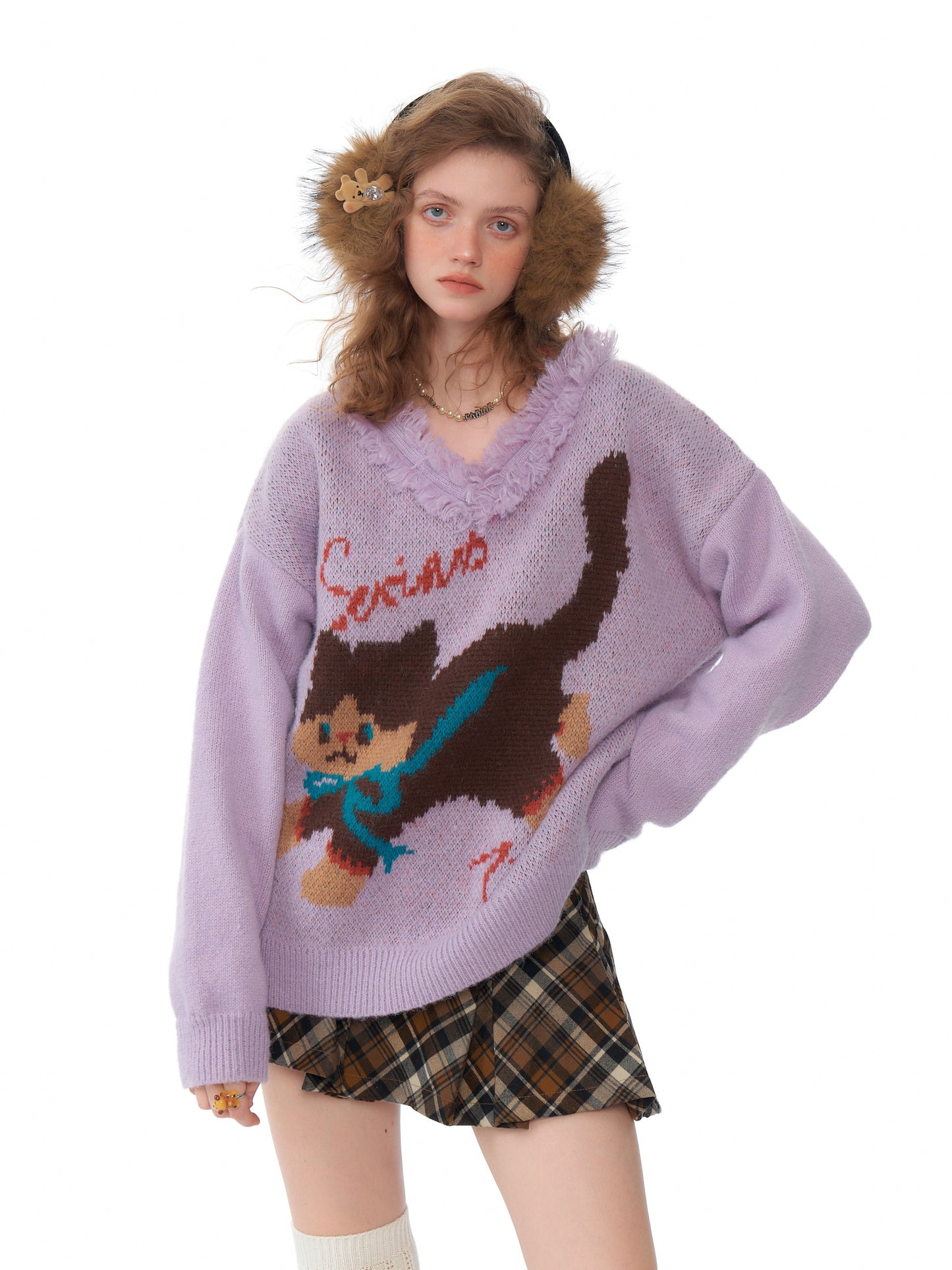 ziziFei Retro Plush Cat-Print Sweater