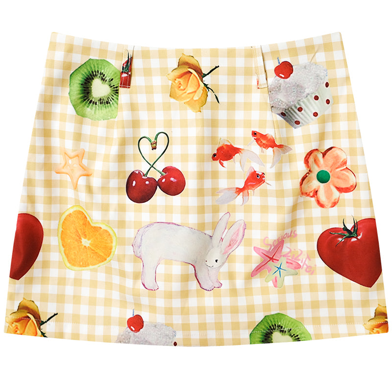 ziziFei Playful Fruit Print High-Waist Mini Skirt