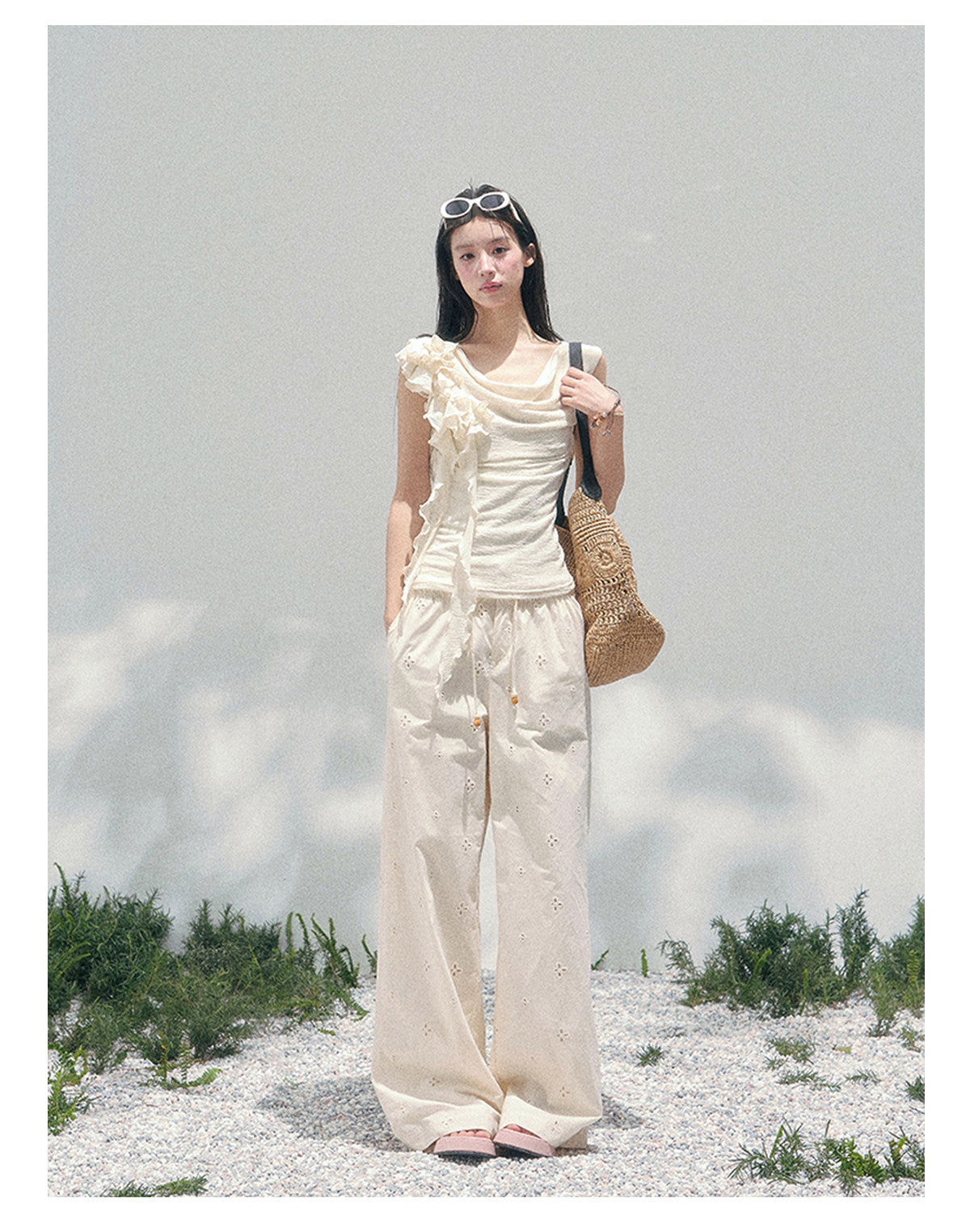 ShaoYeYan Aomalm Pale Whisper French Ruffle Off-Shoulder Tee