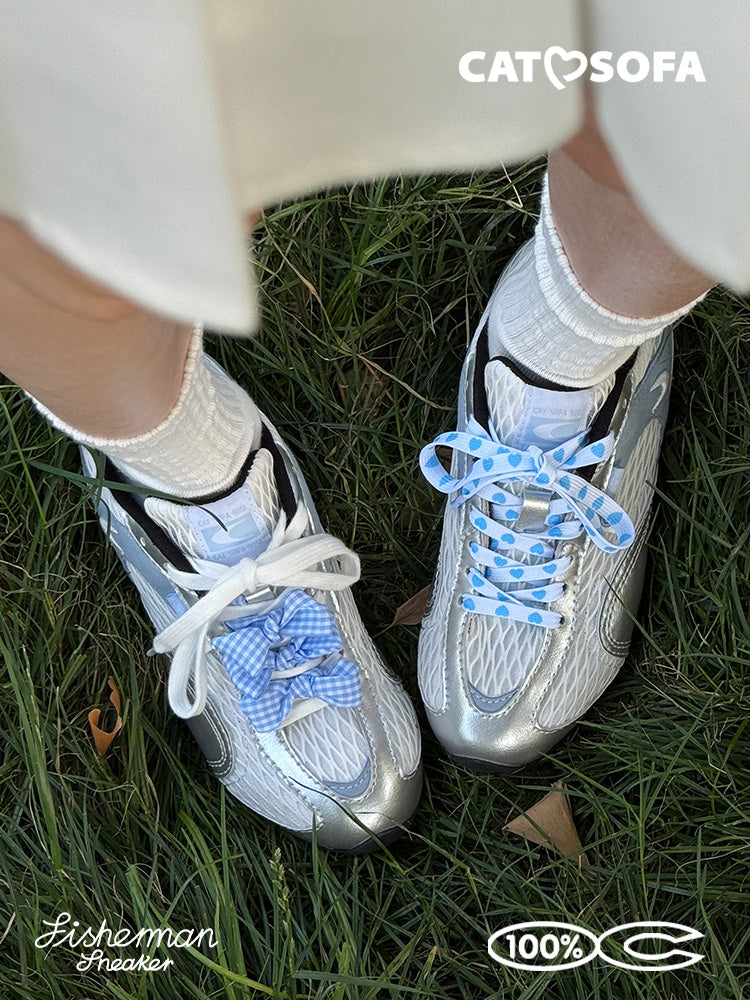 Cat&Sofa Silver-Blue Mesh Height-Boost Sneakers
