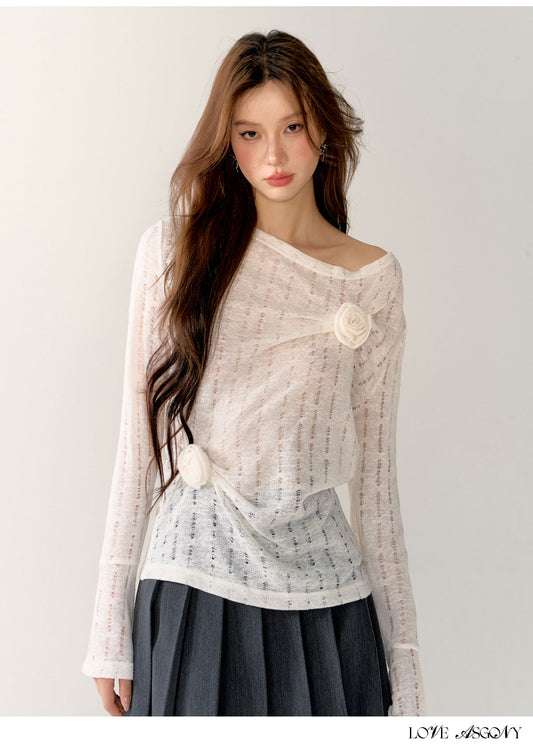 AsGony Hollow-Knit 3D Floral Sweater