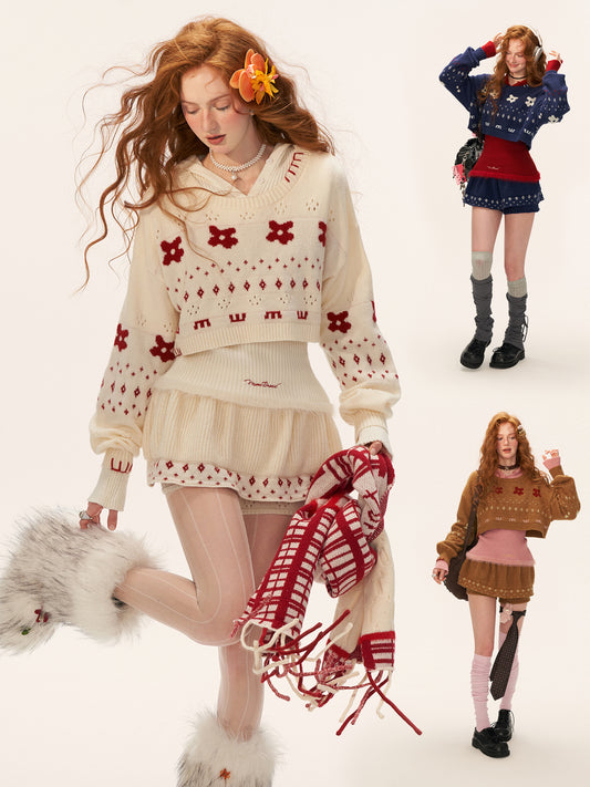 MAMC Star Flower Jacquard Round Neck Cropped Sweater