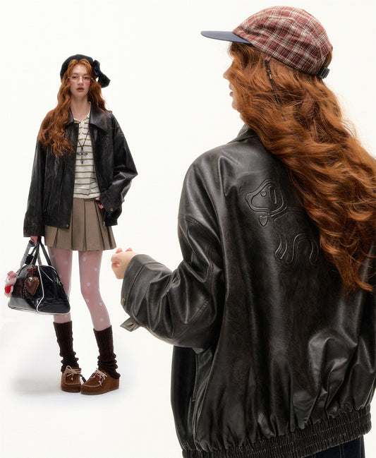 AsGony Retro Bow Collar Embossed Leather Jacket