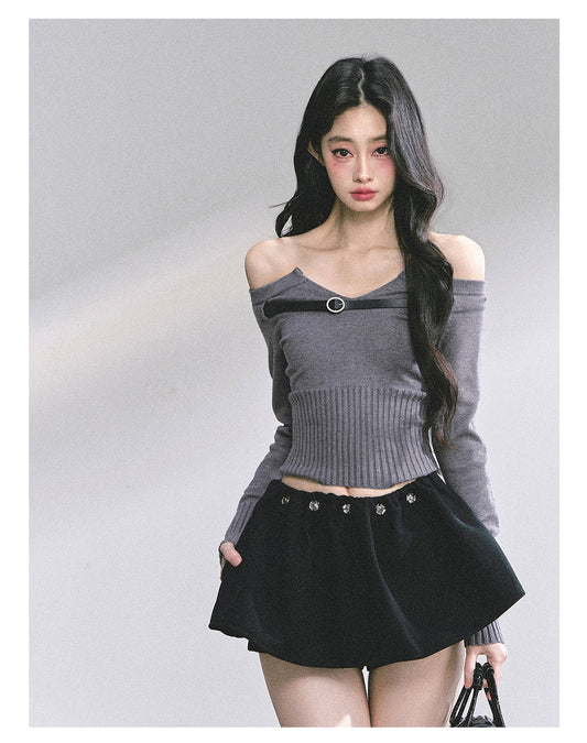SHAOYEYAN Off-Shoulder Long Sleeve Knit Tee