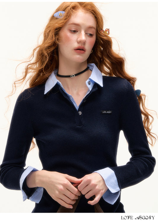 AsGony Striped Collar Fake Two-Layer Knit Top