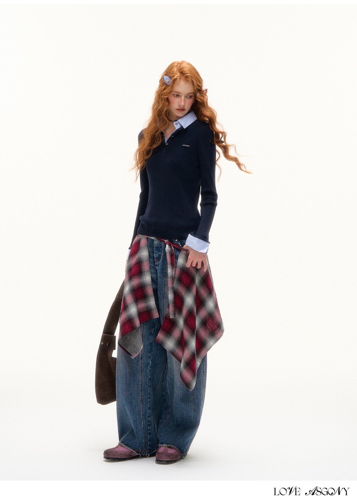 AsGony Striped Collar Fake Two-Layer Knit Top