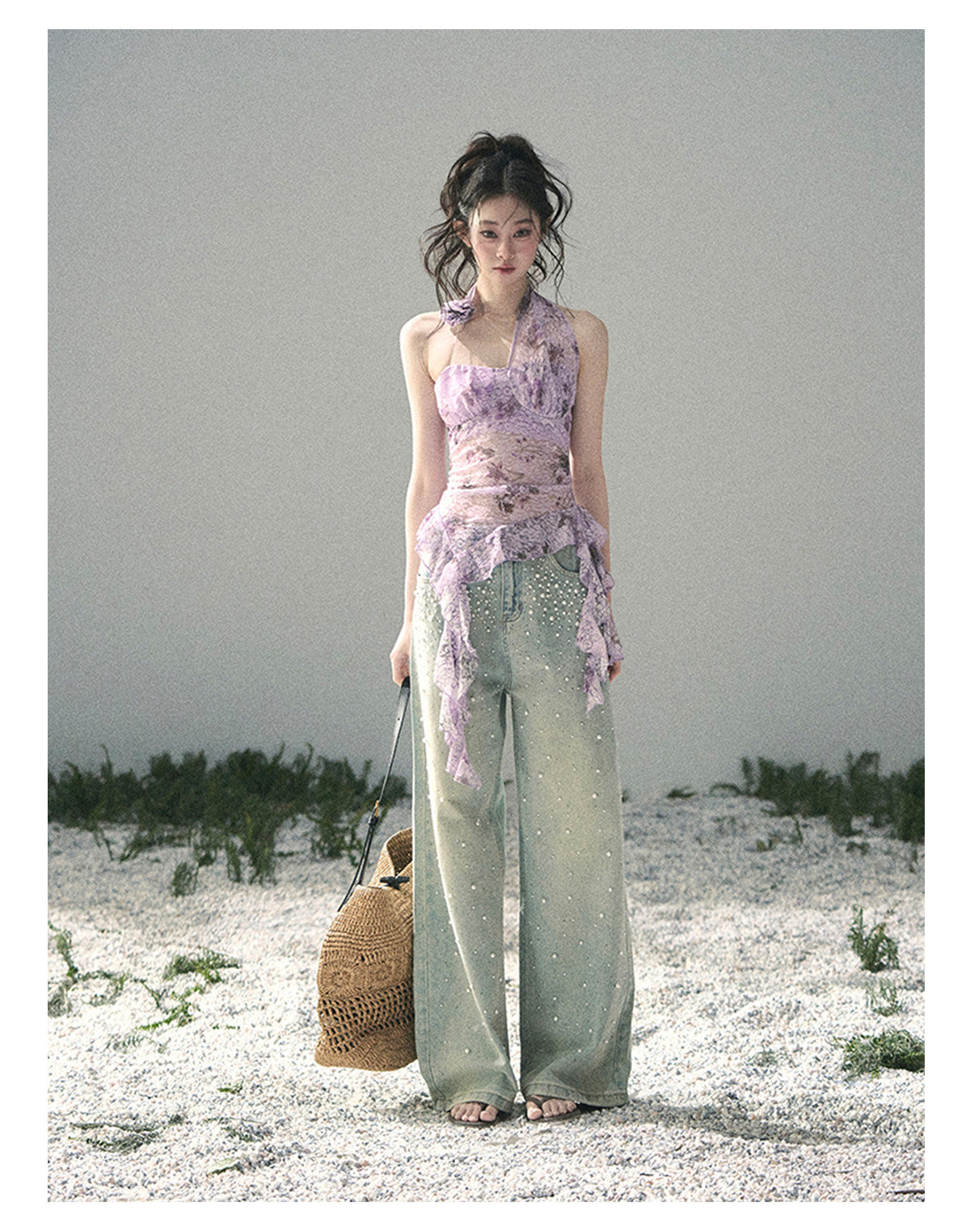 ShaoYeYan Aomalm Bauhinia Blooms Asymmetric Sheer Ribbon Top