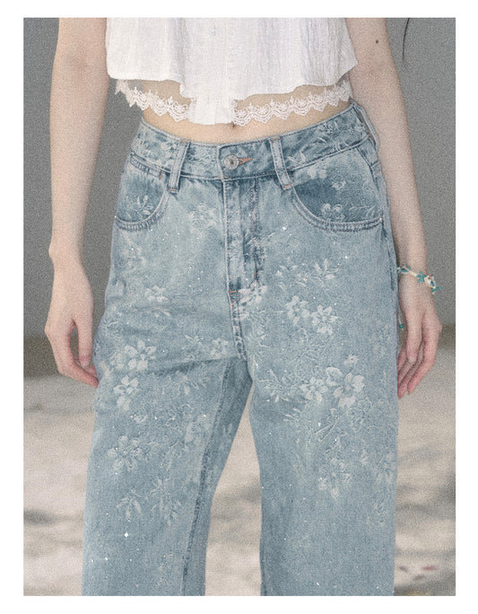 ShaoYeYan Aomalm Fragmented Starlight American Rhinestone Floral Jeans