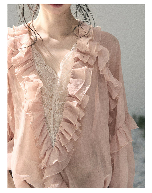 ShaoYeYan Aomalm Listening to Wind's Whisper French Ruffle Lace Blouse