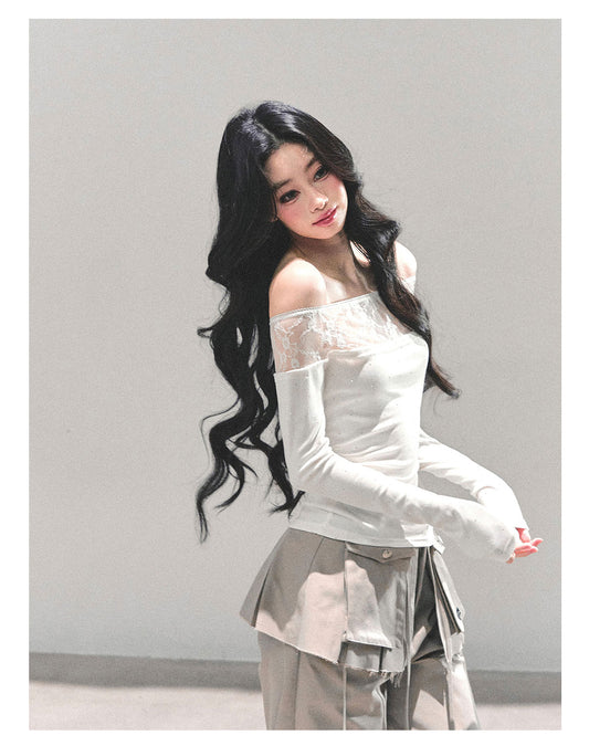 ShaoYeYan Blank Warmth Off-Shoulder Long Sleeve T-Shirt