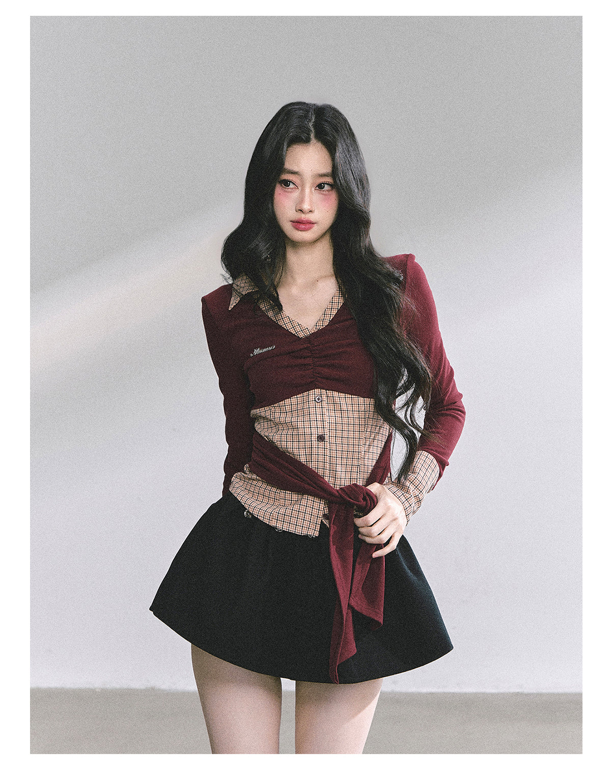 SHAOYEYAN Mock Two-Layer American Style Plaid Tee