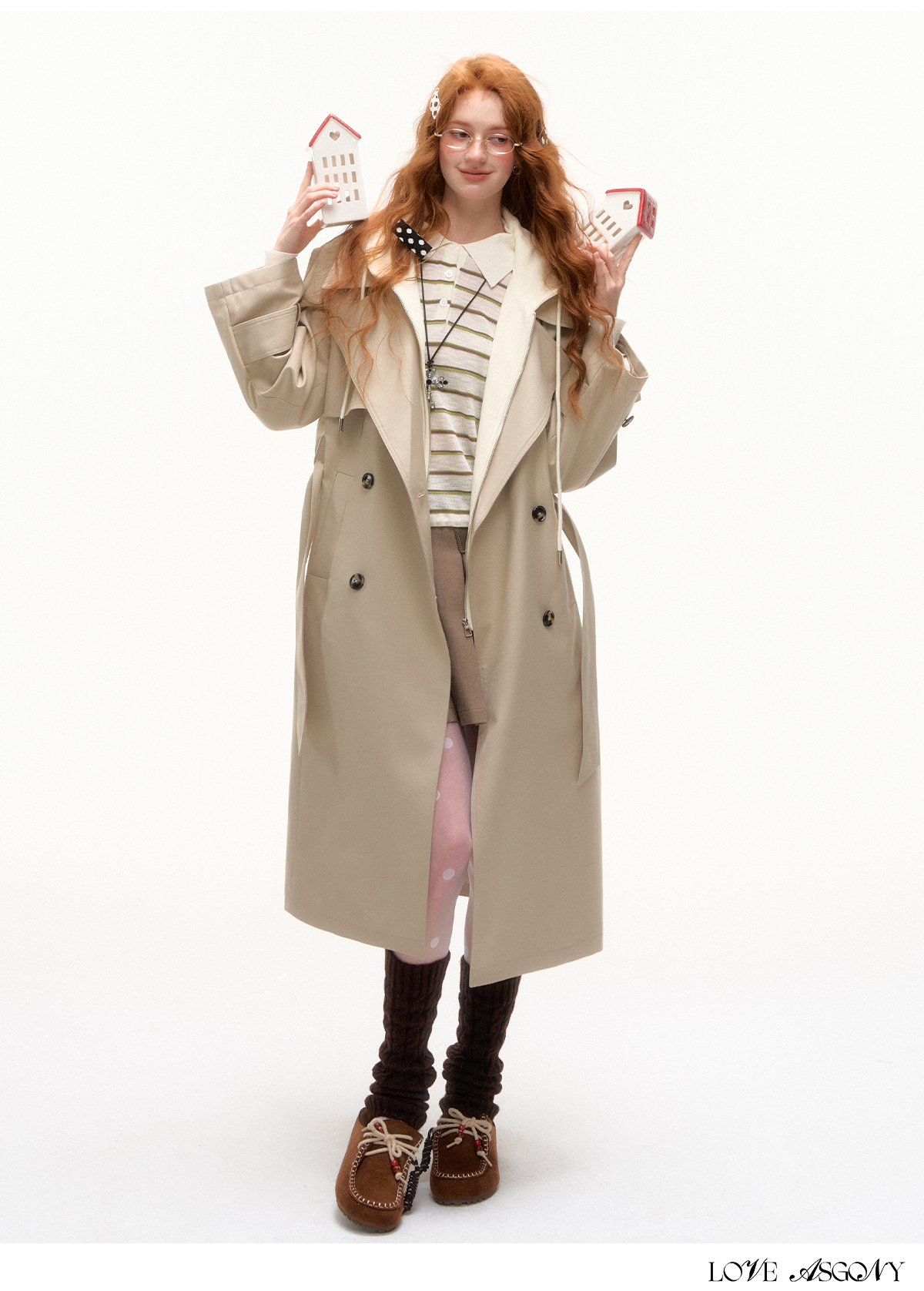 AsGony British Style Fake Two-Tone Long Trench Coat