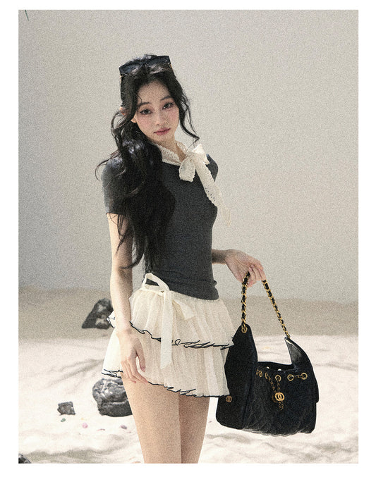 ShaoYeYan Aomalm Grey Shadow & White Fluff Korean Bow Crop Top