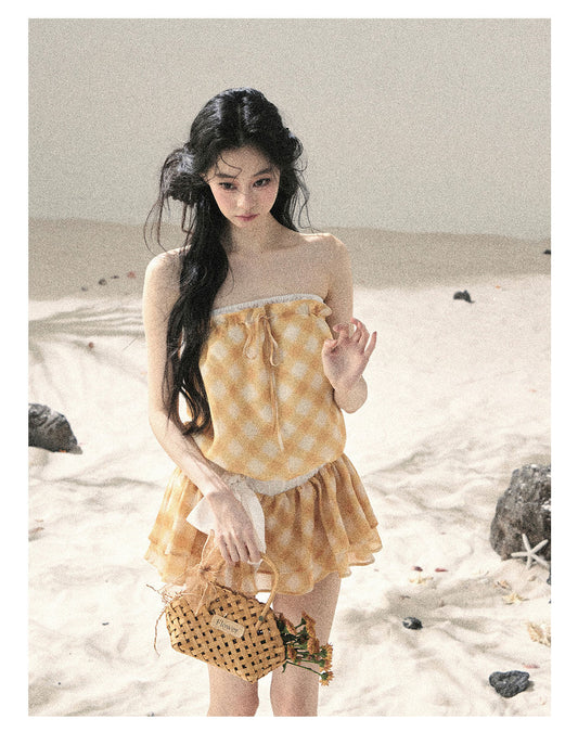 ShaoYeYan Aomalm Wind From the Crest of Waves Off-Shoulder French Argyle Dress
