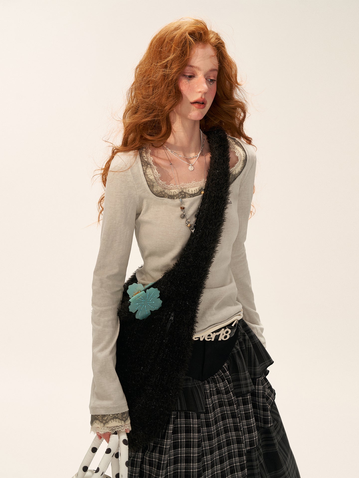 MAMC Fake Two-Layer Square Neck Lace Long Sleeve T-Shirt