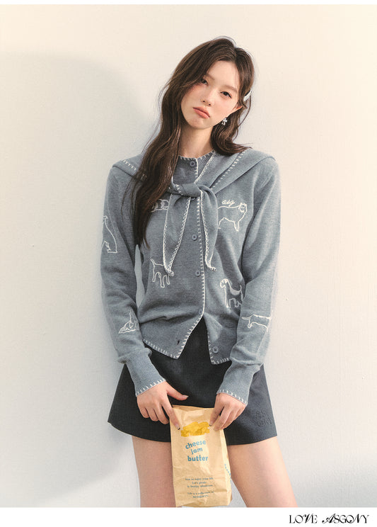 AsGony Puppy Embroidery Trim Hooded Knit Set