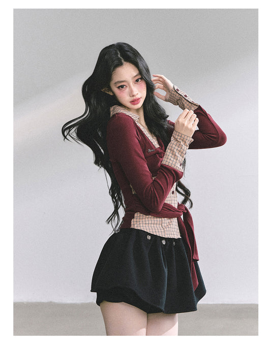 SHAOYEYAN Mock Two-Layer American Style Plaid Tee