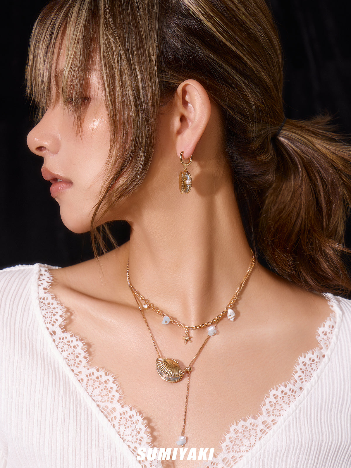SUMIYAKI Ocean Golden Shell & Pearl Necklace & Bracelet