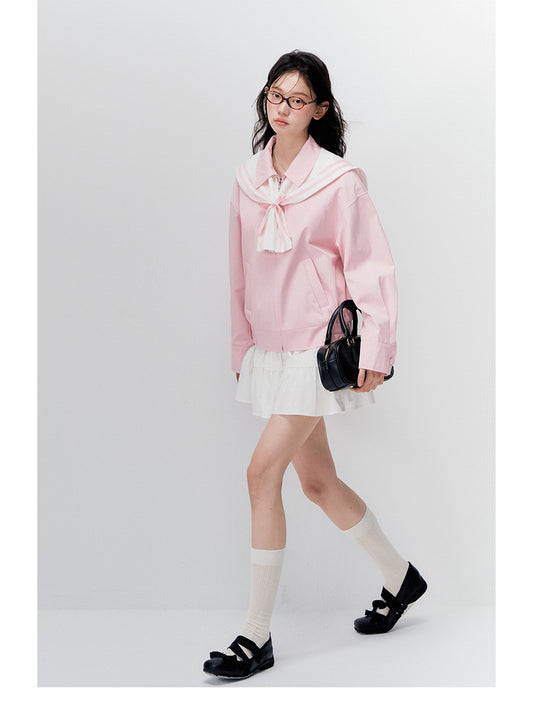 ANNATTO Navy Collar Bow Tie Jacket White Lace Skirt Set