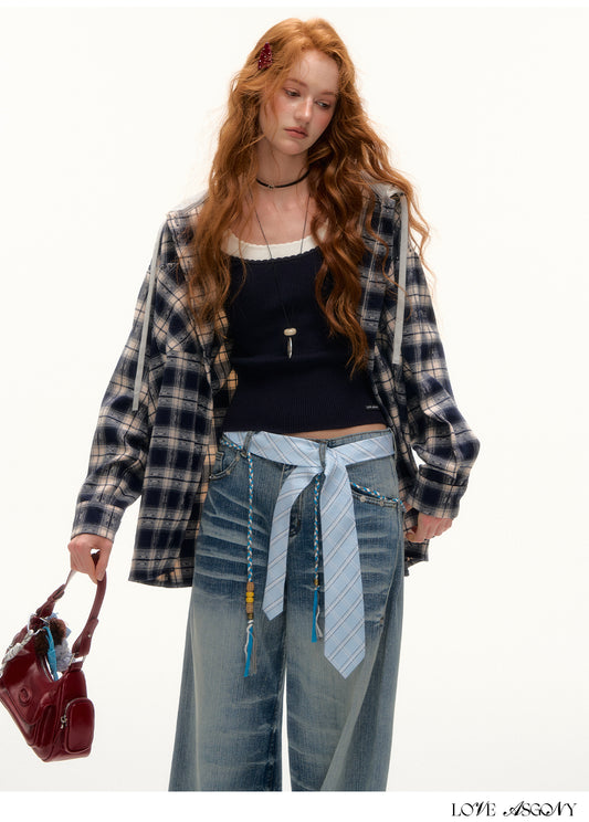 AsGony Retro Plaid Colorblock Hooded Shirt