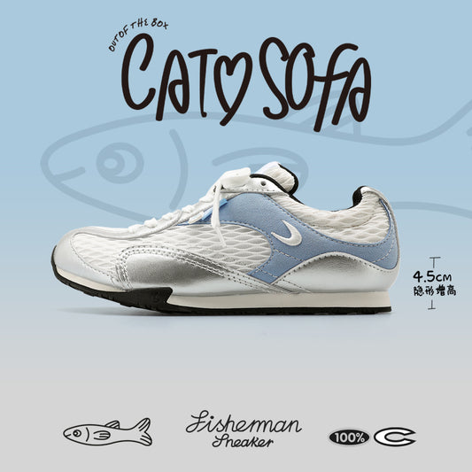 Cat&Sofa Silver-Blue Mesh Height-Boost Sneakers
