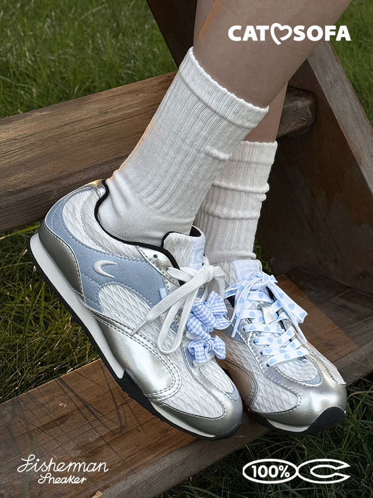 Cat&Sofa Silver-Blue Mesh Height-Boost Sneakers