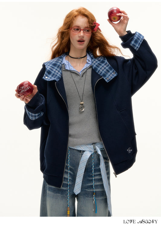 AsGony Plaid Panel Oversized Hooded Zip-Up