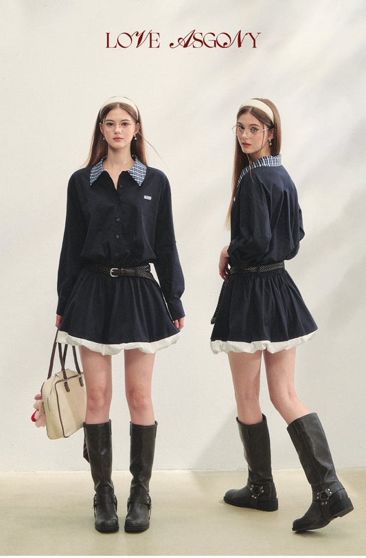 AsGony Plaid Collar Black Long Sleeve Shirt Dress