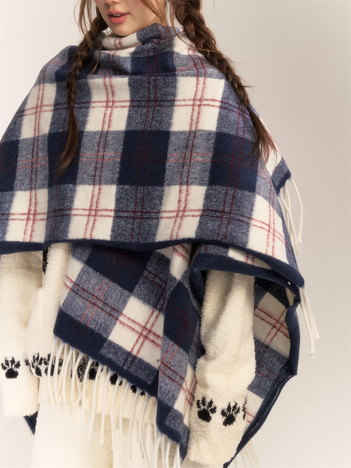 AsGony Wool Blend Plaid Fringe Scarf Wrap