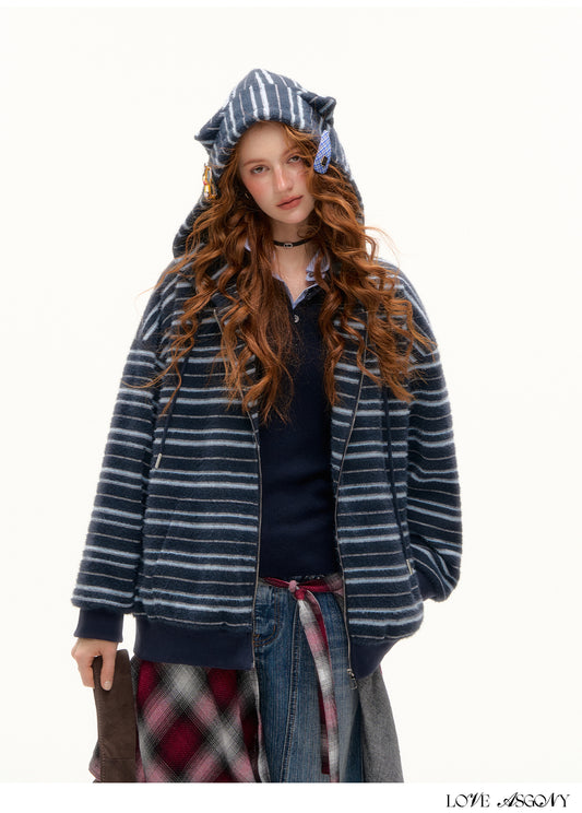 AsGony Plush Striped Colorblock Cat-Ear Hoodie