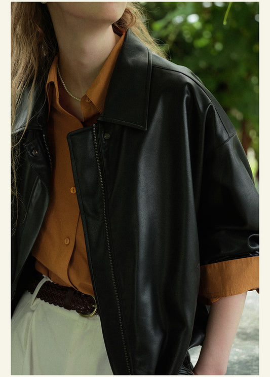 HAVERICE Classic Soft Leather Zip-Up Coat