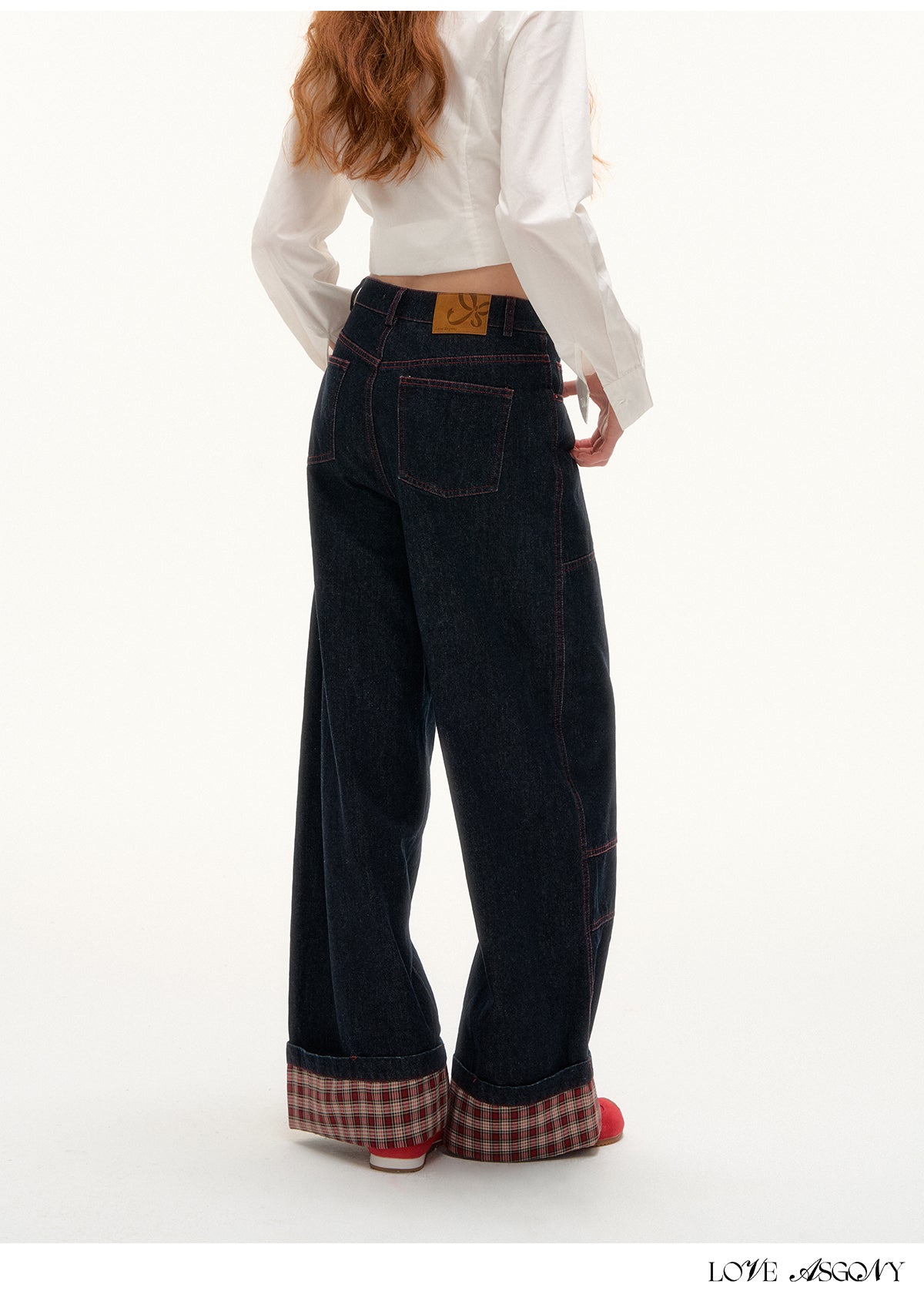 AsGony Black Plaid Panel Wide-Leg Jeans