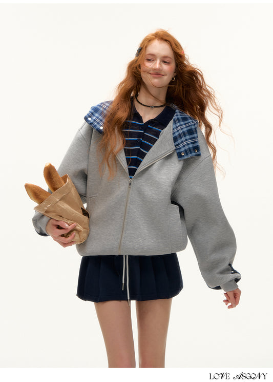 AsGony Plaid Panel Oversized Hooded Zip-Up